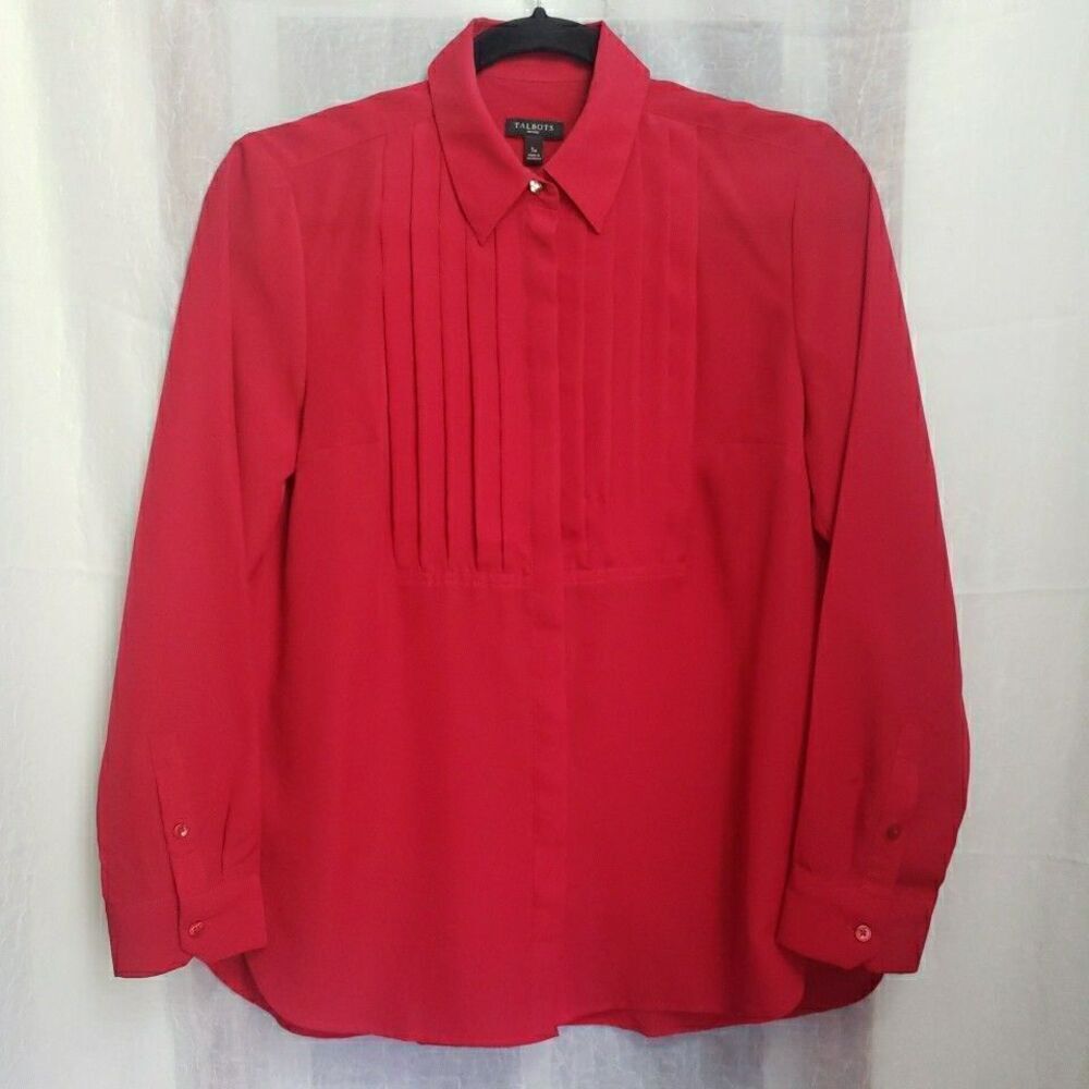 Talbots Shirt Red Pleated Rhinestone Elegant Holiday Party Blouse Top Women Sp